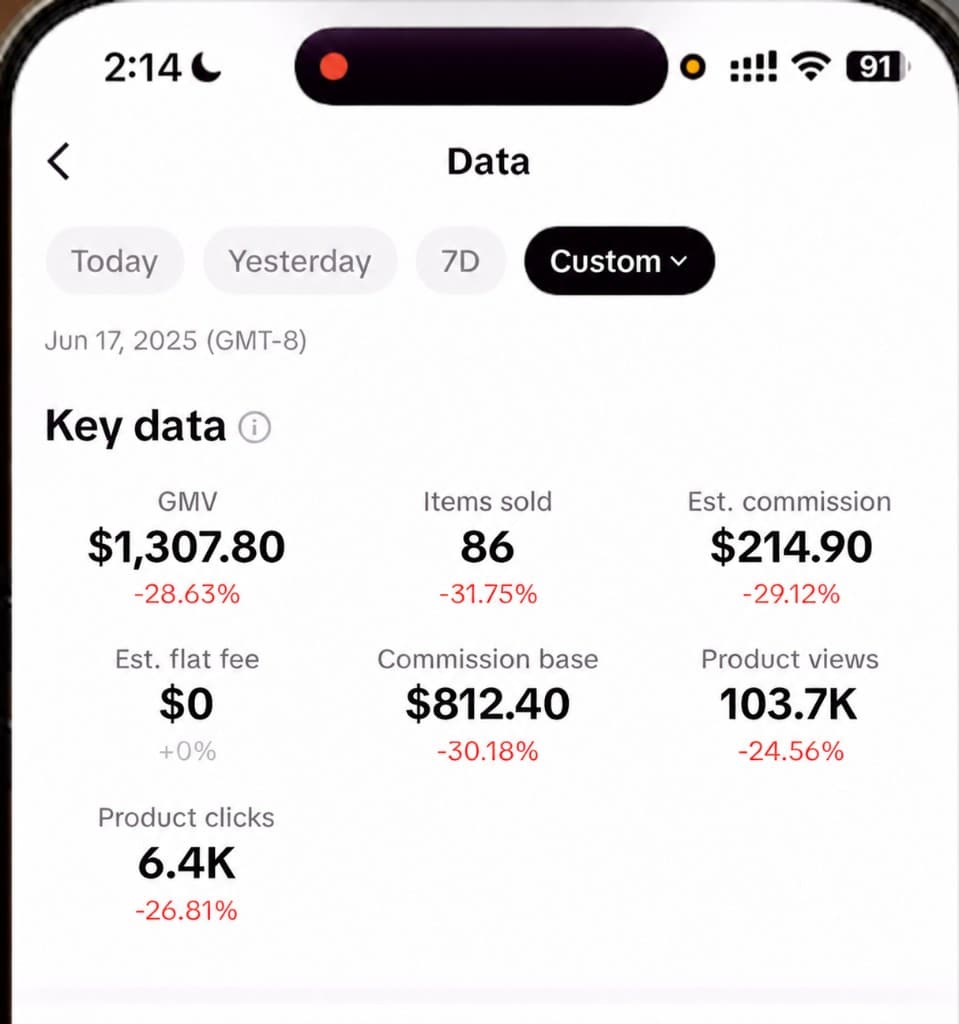 Phone screen showing $215 in estimated commission and 86 items sold